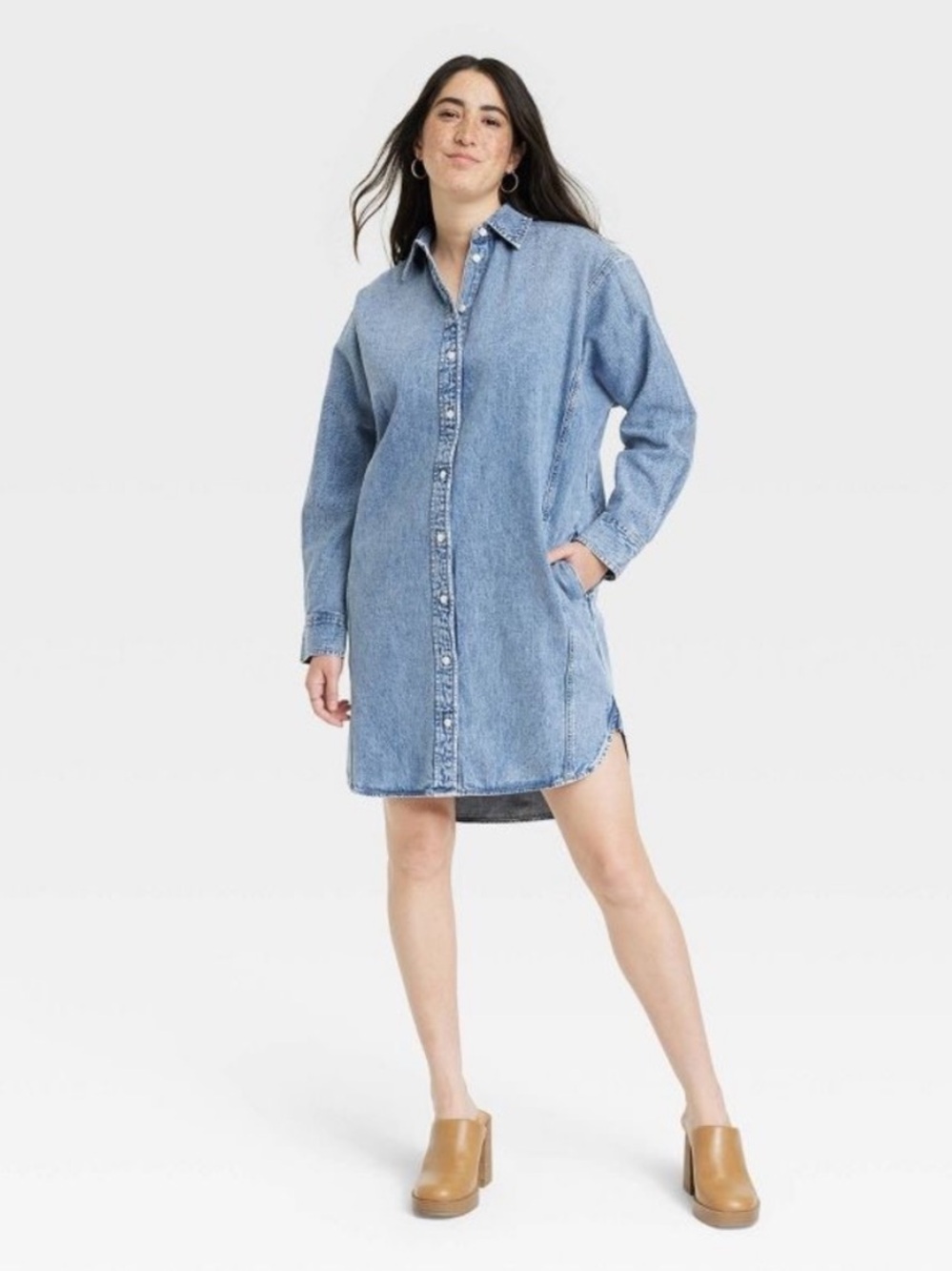 Universal Thread Long Sleeve Acid Wash Indigo Denim Mini Shirt Dress NWT L